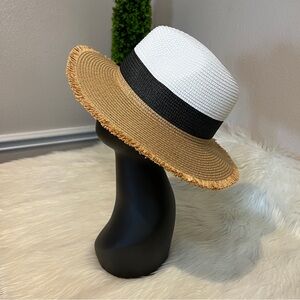 Fray-edge color block straw fedora